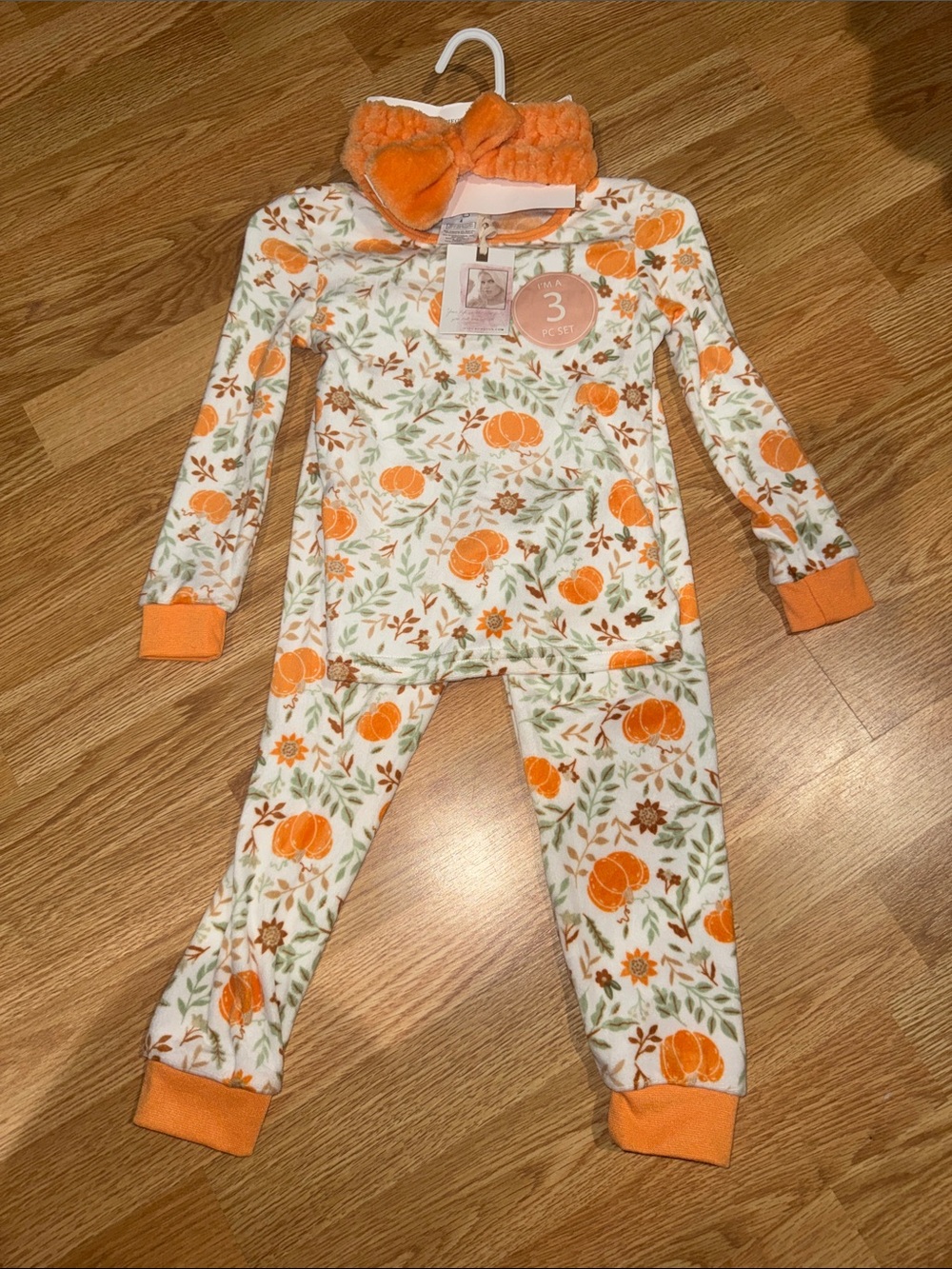 Jessica Simpson Orange Cream Pumpkin Floral Kids Pajama Set with Plush Headband